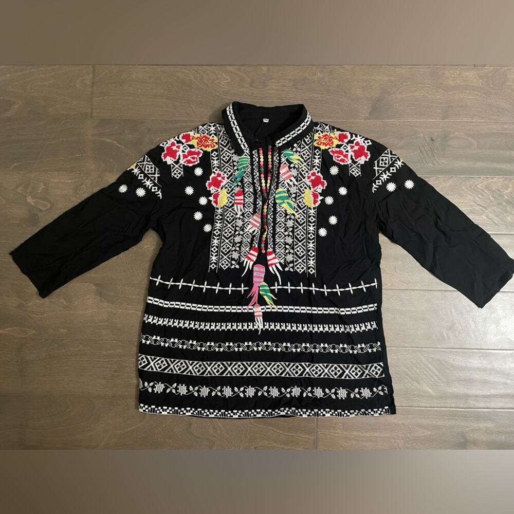 AK Women's Summer Boho Embroidery Mexic Cotton Shirt Tunic Blouses - size medium